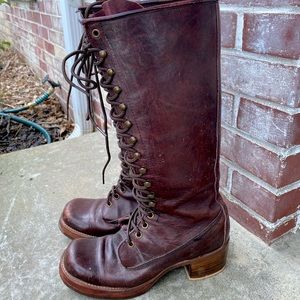 Frye knee high lace up heeled boots